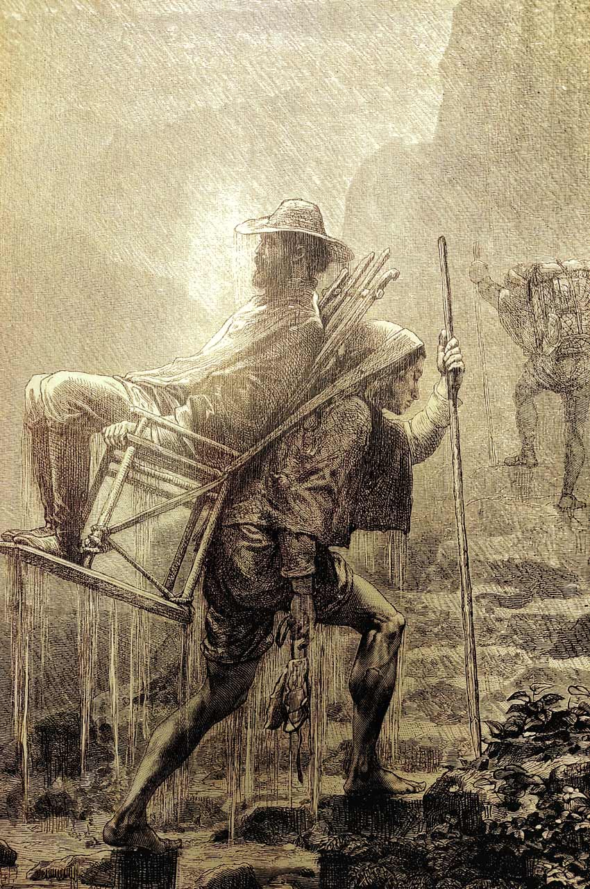 Grabado histórico de un silletero cargando personas y mercancía por la montaña
